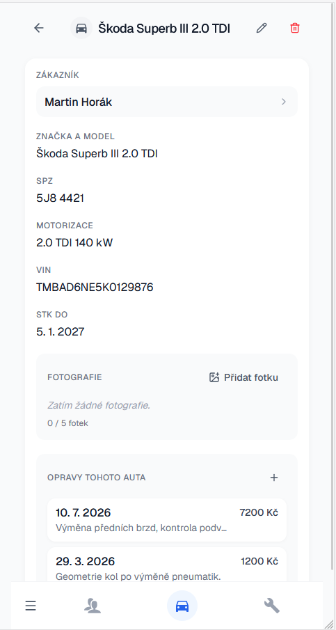 Detail auta s údaji SPZ, STK a historií oprav v GarazBook