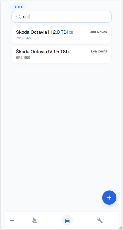 Vyhledávání zákazníků a SPZ v programu pro automechaniky GarazBook