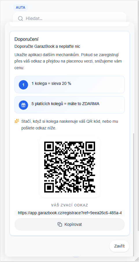 QR kód a zvací odkaz pro doporučení GarazBook kolegům z autoservisu